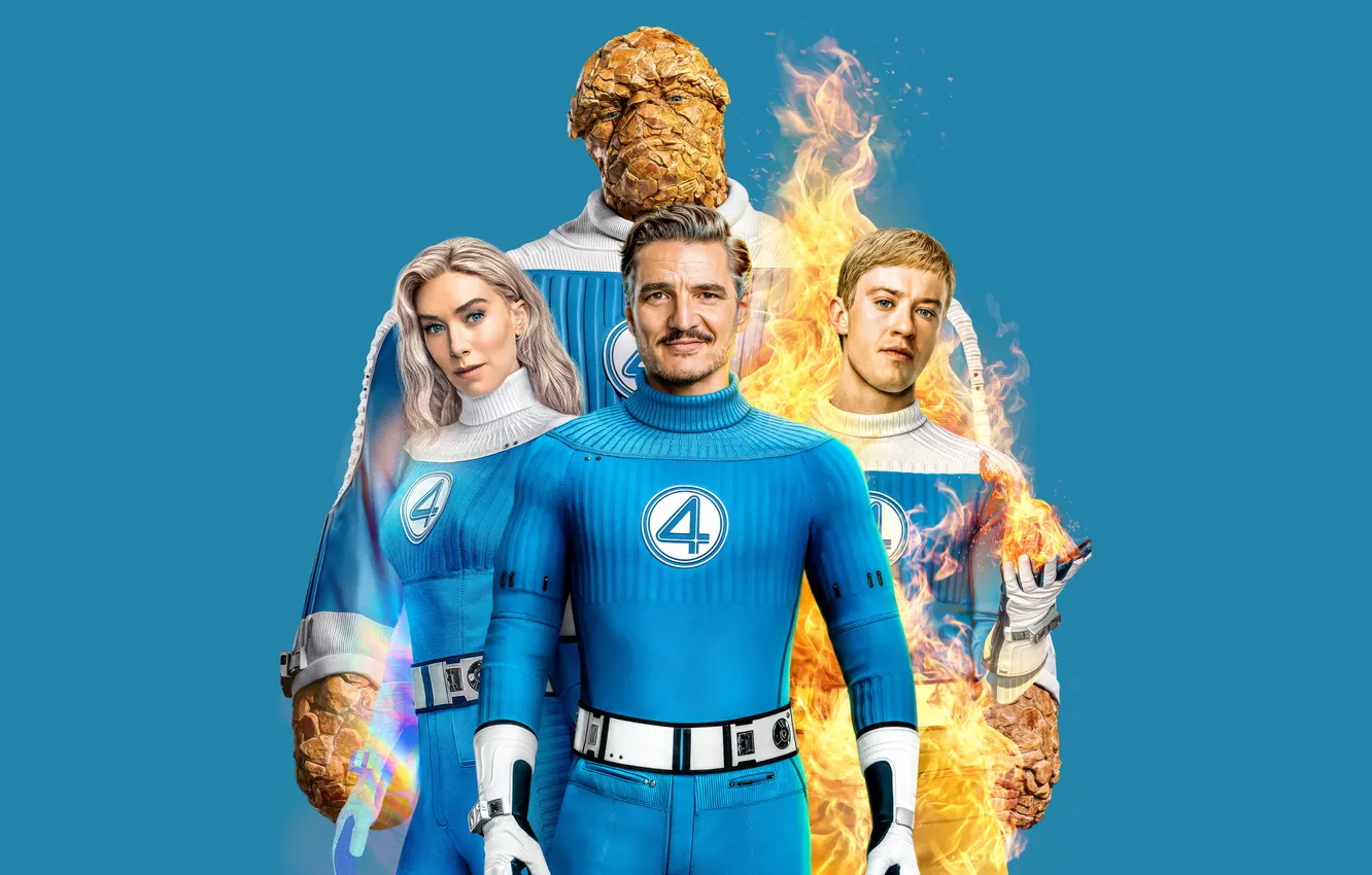 Фото обои постер, синий фон, персонажи, Marvel, комикс, Фантастическая четвёрка, Fantastic Four, Pedro Pascal