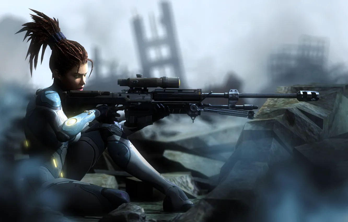 Фото обои девушка, руины, Sarah Kerrigan, sniper rifle