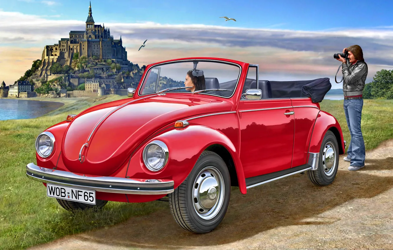 Фото обои Девушка, Volkswagen, Чайки, Мужчина, 1970, Beetle, Cabriolet