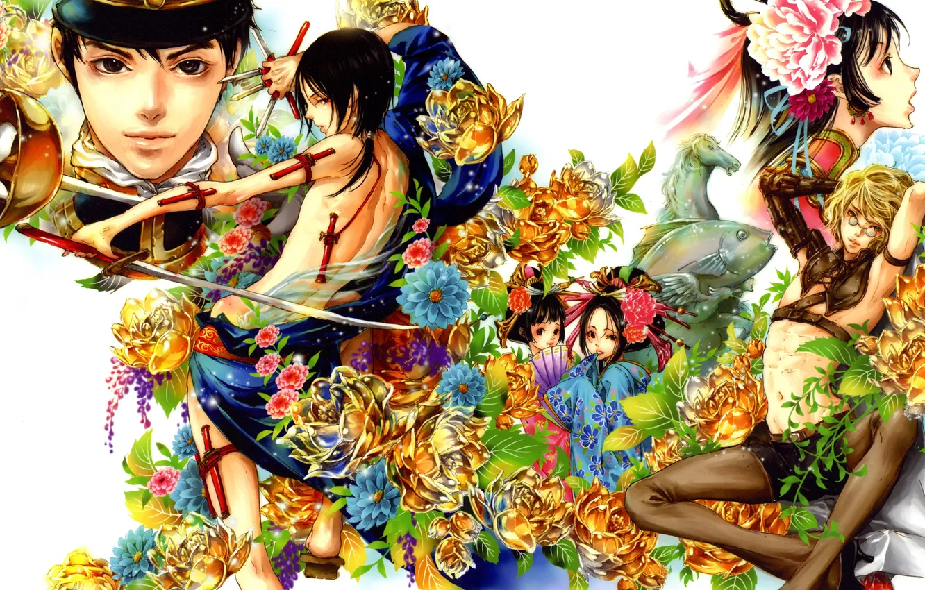 Фото обои взгляд, девушка, цветы, оружие, аниме, арт, Tukiji Nao, Adekan
