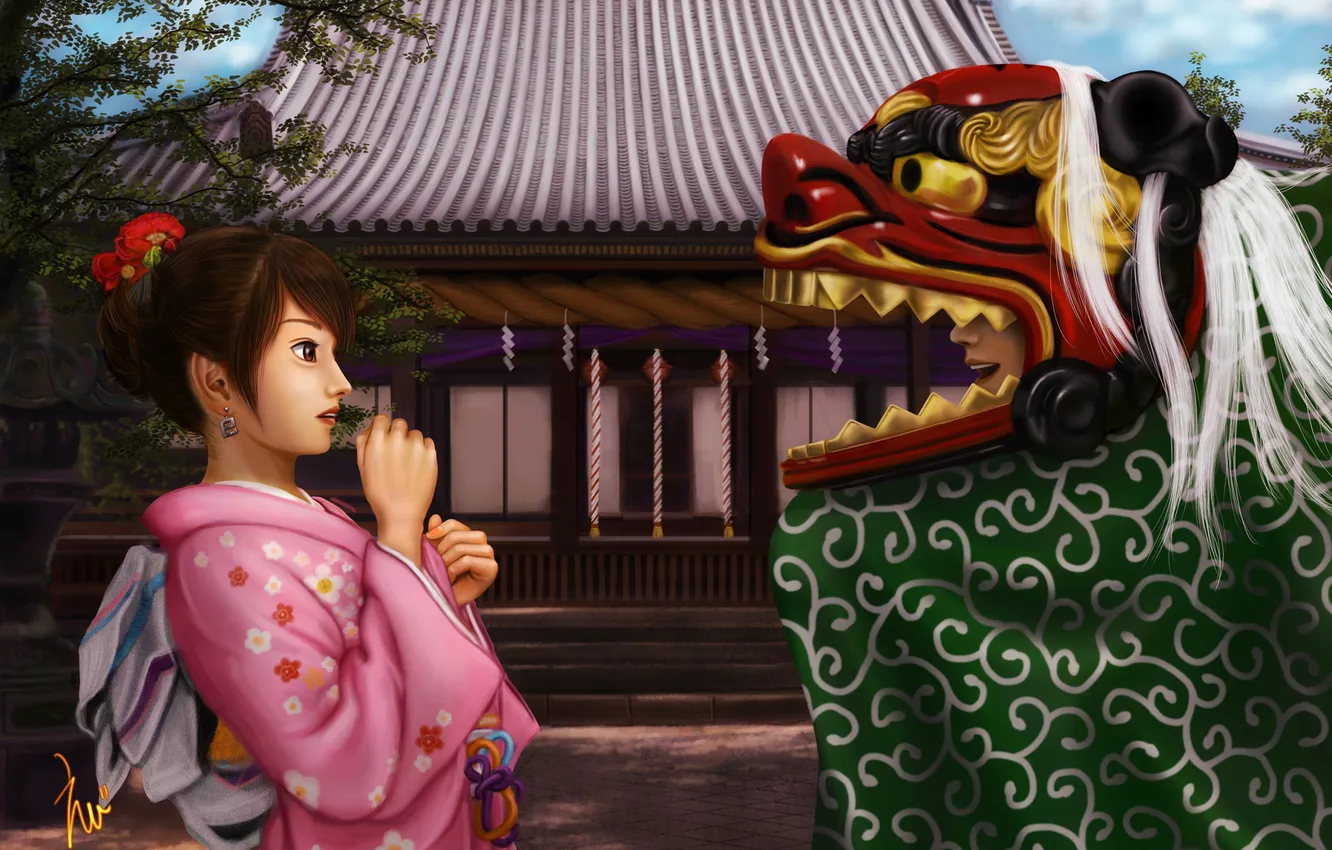 Фото обои девушка, дракон, голова, арт, костюм, кимоно, ebi