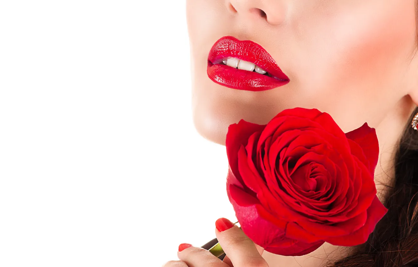 Фото обои цветок, девушка, лицо, роза, макияж, губы, girl, rose