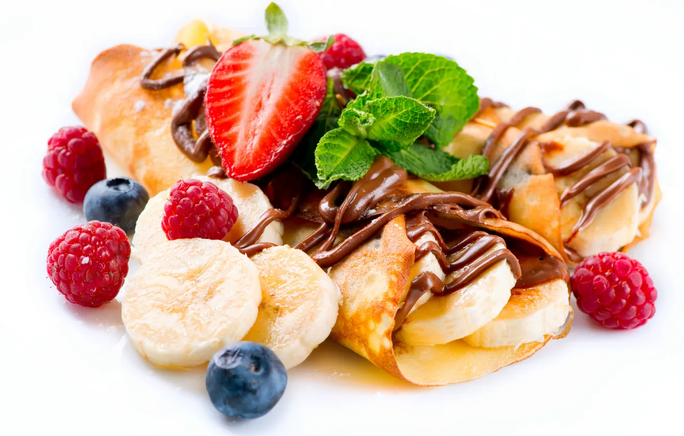 Фото обои малина, шоколад, клубника, банан, мята, chocolate, sweet, strawberry