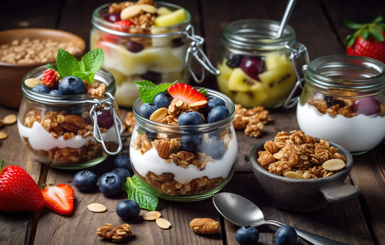 Фото обои ягоды, черника, клубника, банка, разное, десерт, хлопья, мюсли