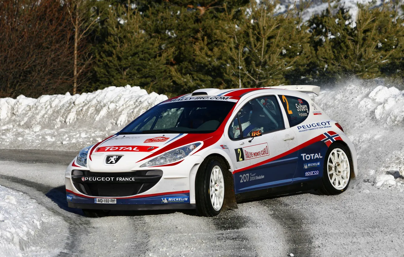 Фото обои Зима, Снег, Спорт, Поворот, Гонка, Занос, Peugeot, WRC