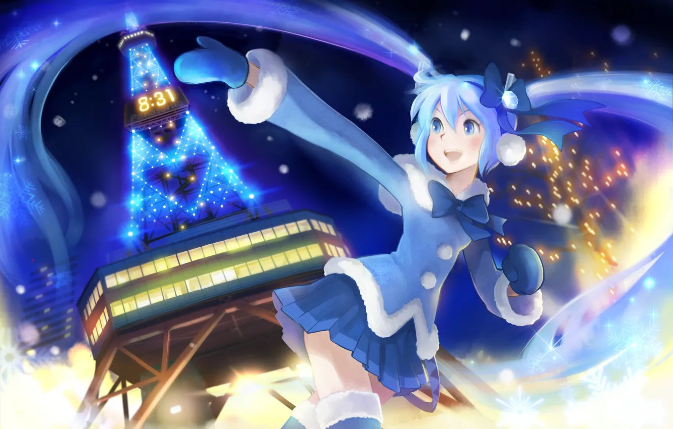 Фото обои зима, девушка, время, город, огни, эйфелева башня, Vocaloid, Вокалоид