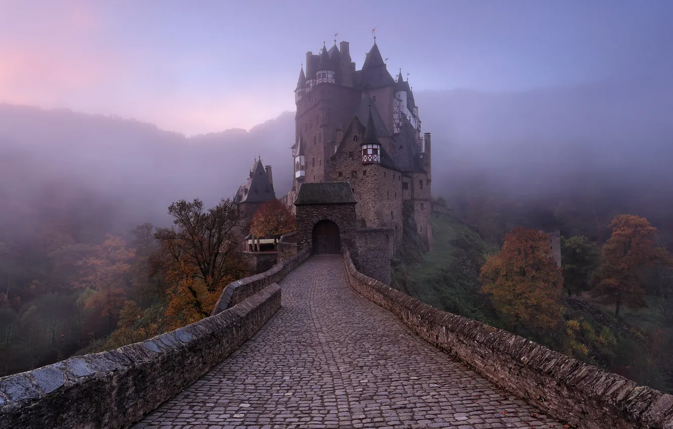 Фото обои осень, туман, замок, Германия, дымка, Эльц
