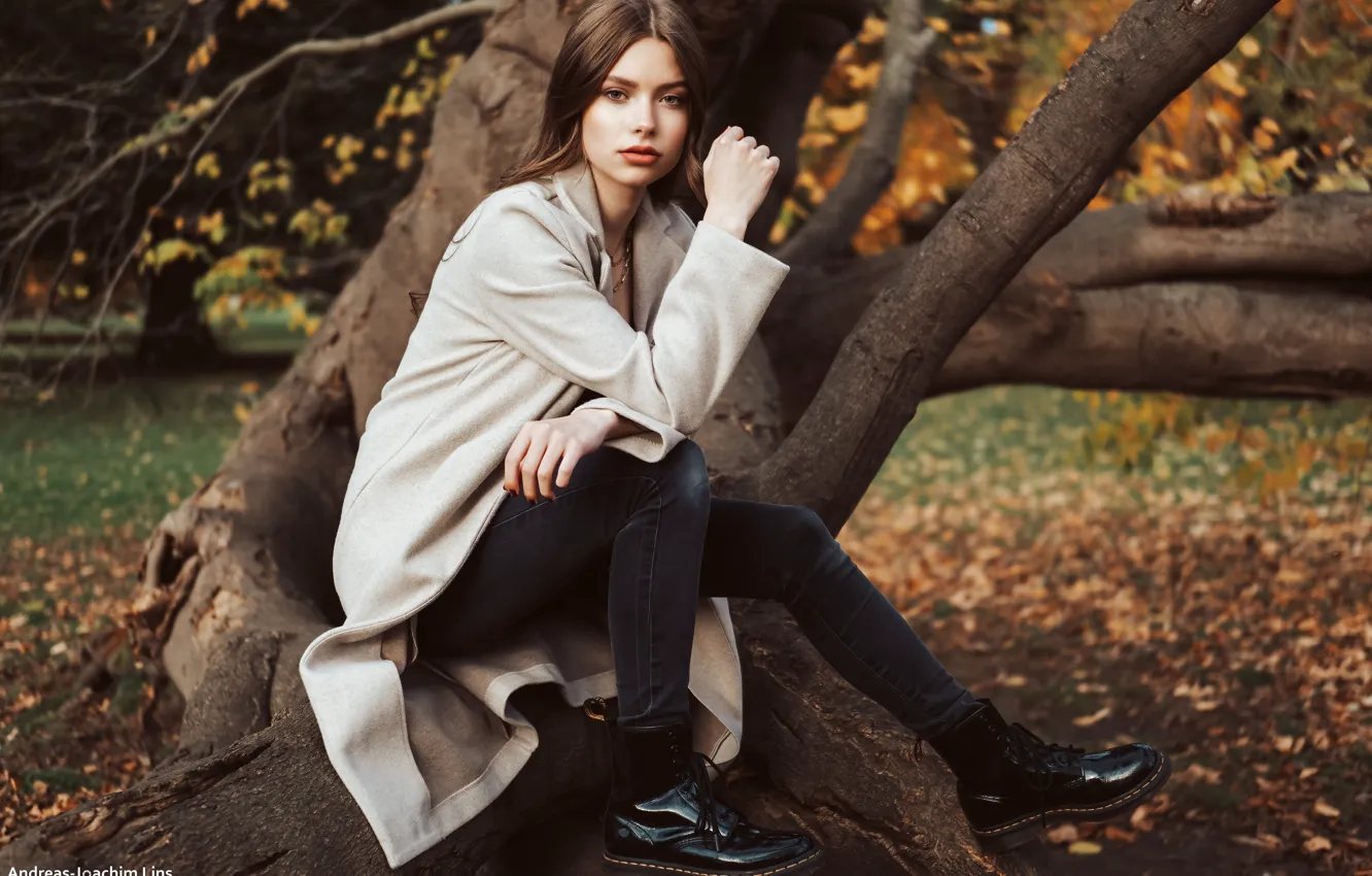 Фото обои осень, взгляд, девушка, поза, дерево, ботинки, пальто, Andreas-Joachim Lins