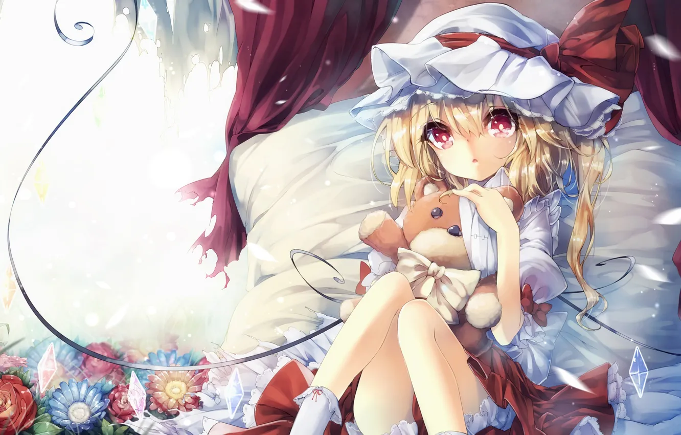 Фото обои взгляд, девушка, игрушка, удивление, постель, touhou, art, flandre scarlet