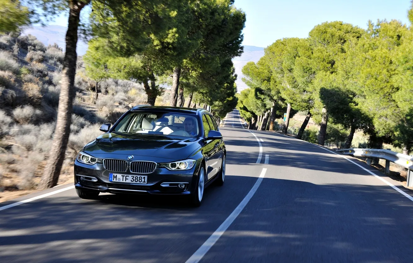 Фото обои дорога, деревья, BMW, БМВ, передок, универсал, 3 Series, Touring
