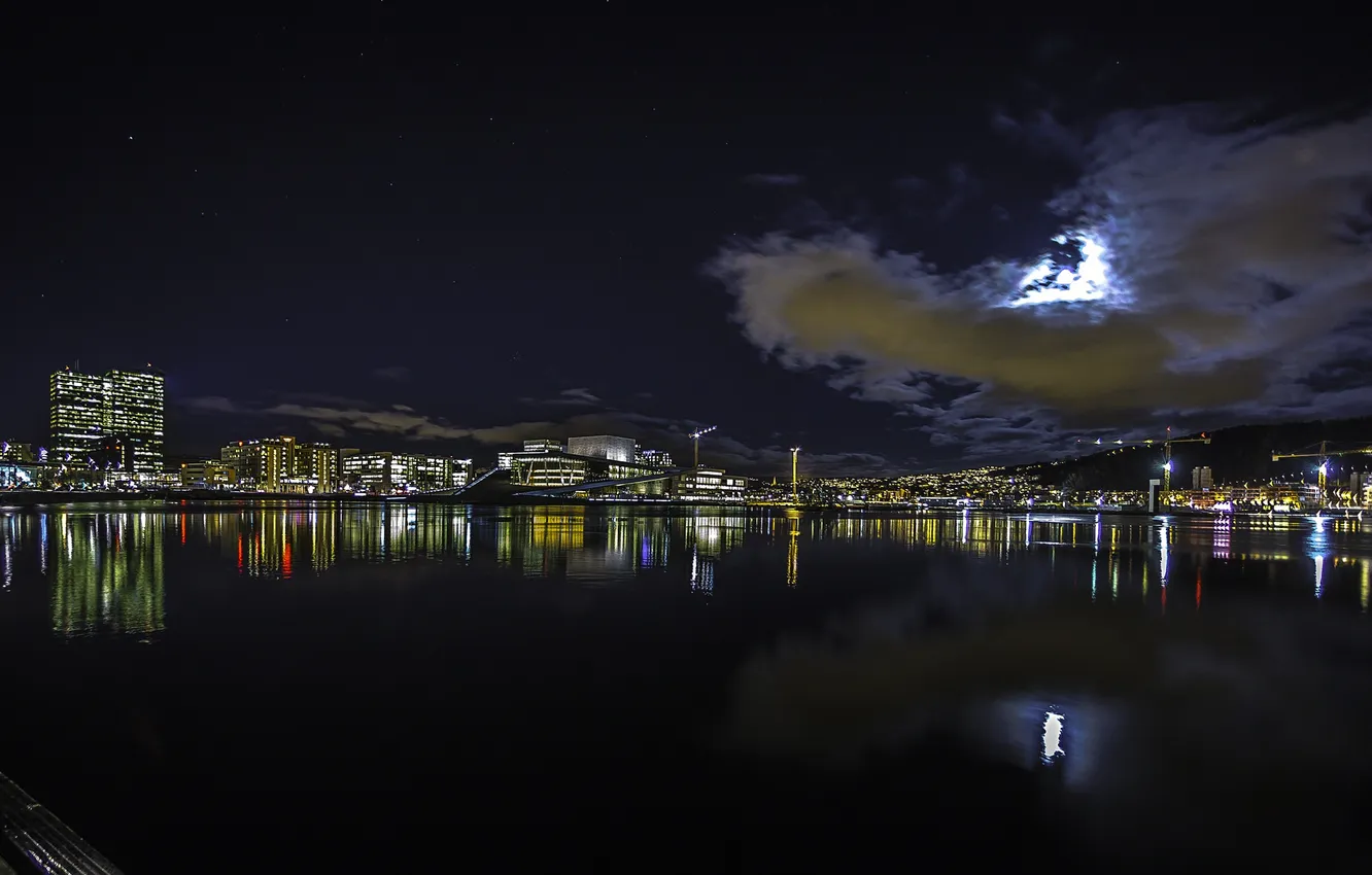Фото обои ночь, огни, отражение, дома, Норвегия, гавань, Осло