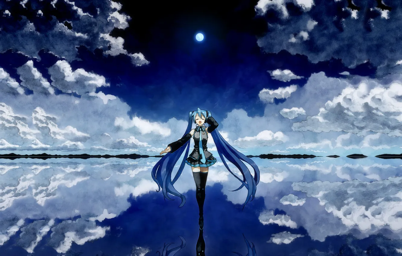 Фото обои небо, девушка, облака, ночь, луна, арт, vocaloid, hatsune miku