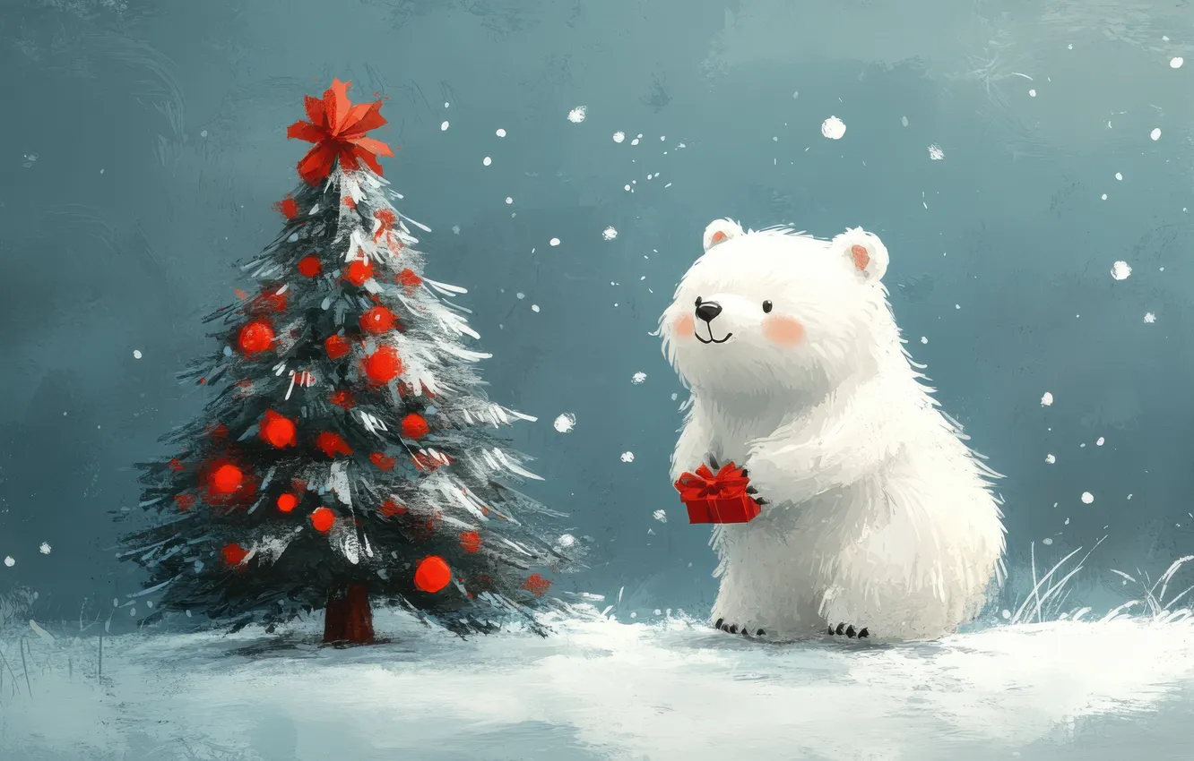 Фото обои зима, шарики, снег, подарок, поляна, новый год, Рождество, сугробы