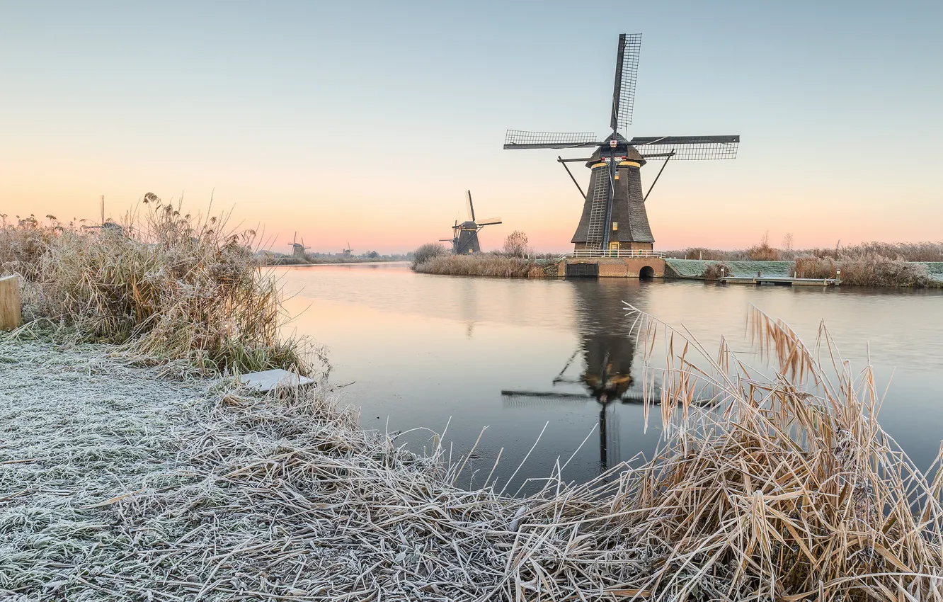 Фото обои winter, morning, sunrise, dawn, Netherlands, canal, Molenwaard, Kinderdijk