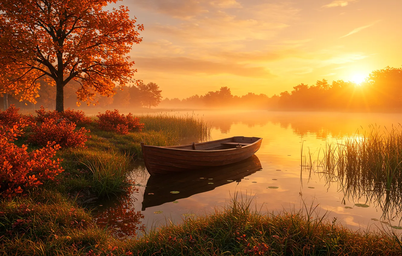 Фото обои осень, река, лодка, wallpaper, river, autumn, dawn, расвет