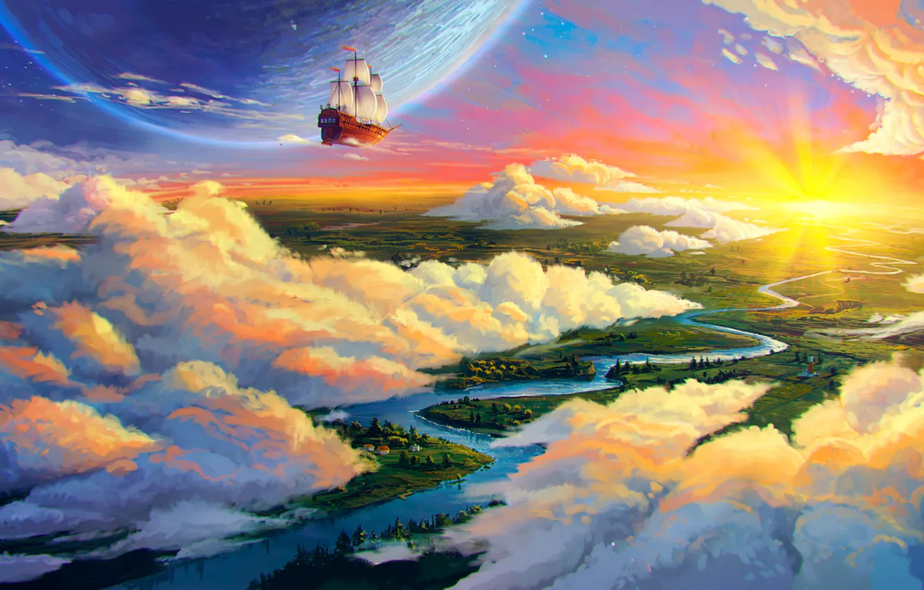 Фото обои облака, пейзаж, река, земля, корабль, планета, арт