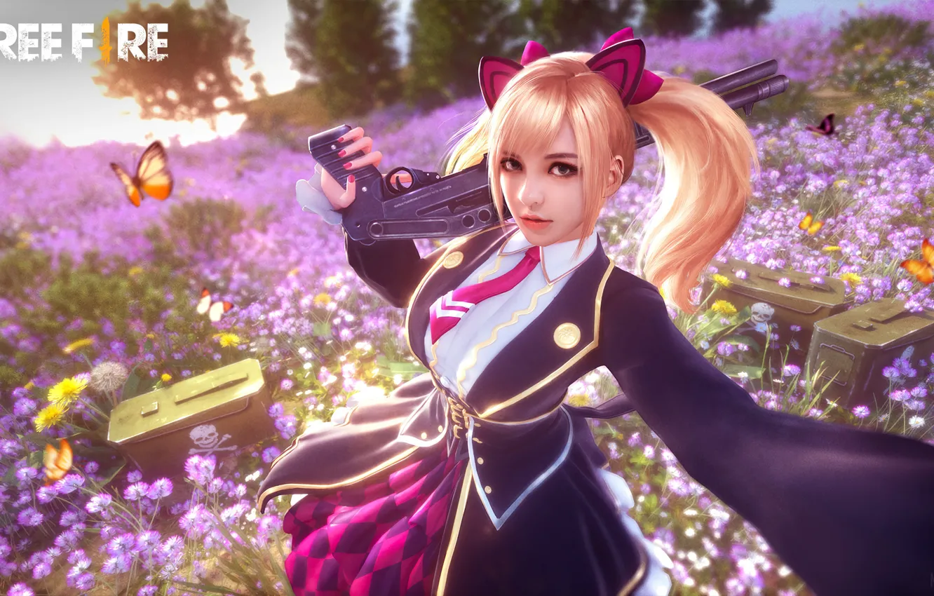 Фото обои взгляд, деревья, бабочки, оружие, игра, game, character, school uniform