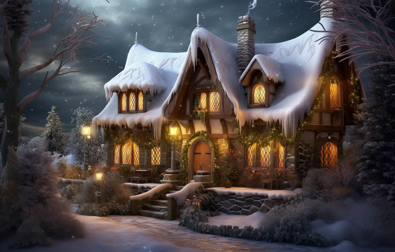 Фото обои зима, снег, ночь, lights, Новый Год, Рождество, домик, house