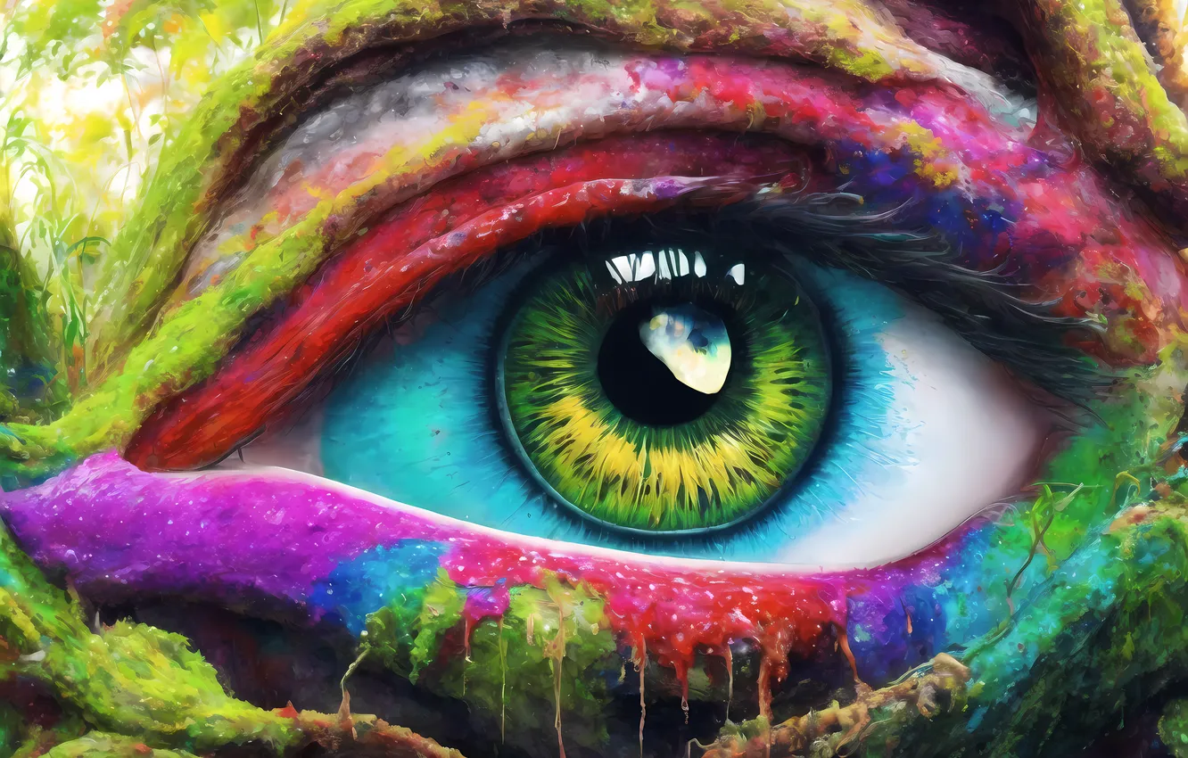 Фото обои глаз, colorful, landscape, eyes, fantasy art, looking at viewer, ИИ арт, AI art