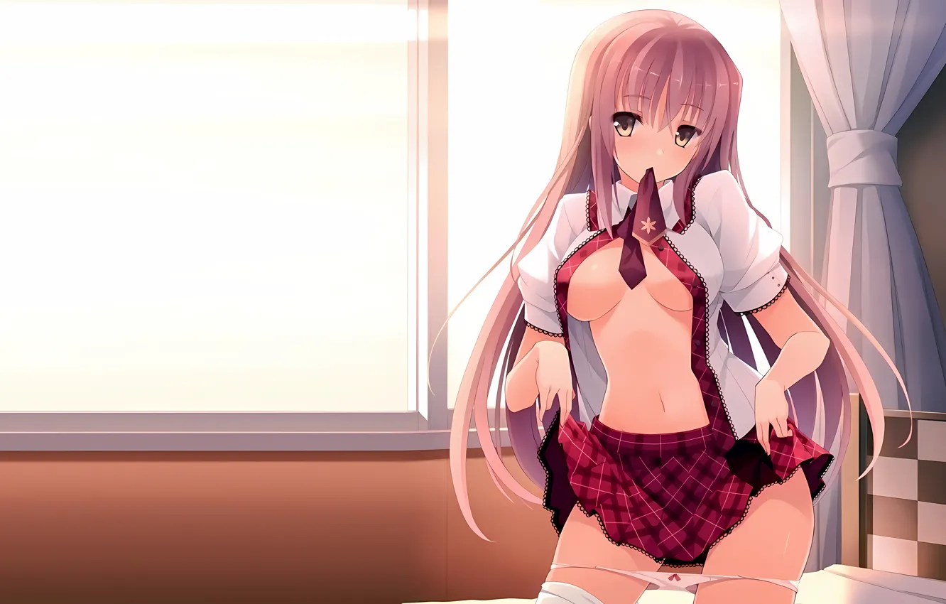 Фото обои girl, sexy, lingerie, pantsu, school uniform, panties, pink hair, long hair