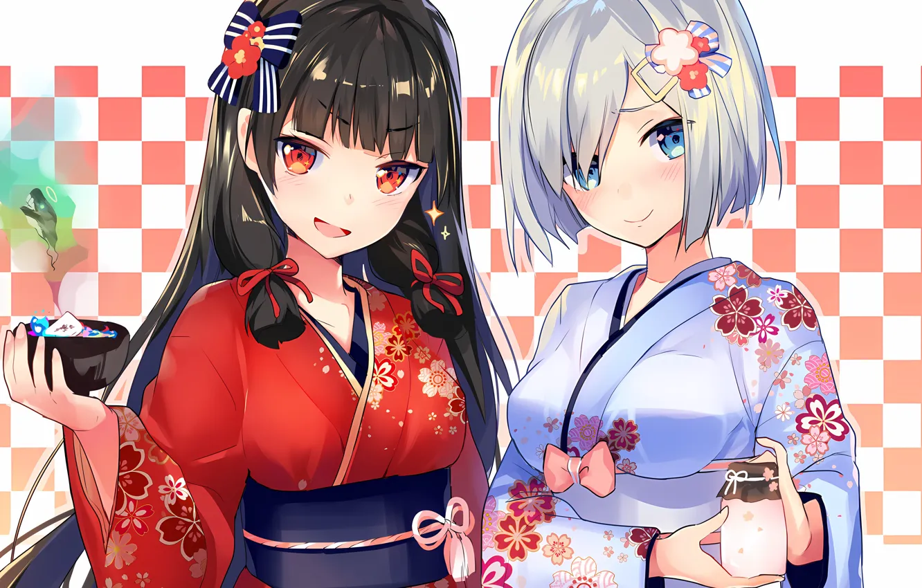 Фото обои yukata, long hair, dress, girls, anime, blue eyes, beautiful, twintails