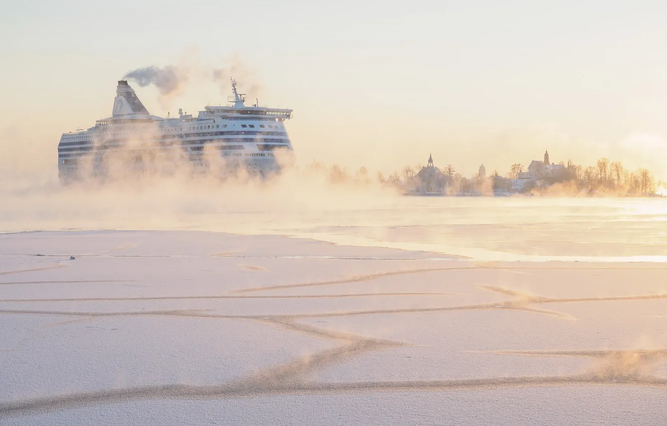 Фото обои зима, туман, корабль, утро