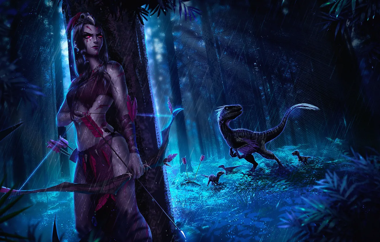 Фото обои лес, девушка, динозавр