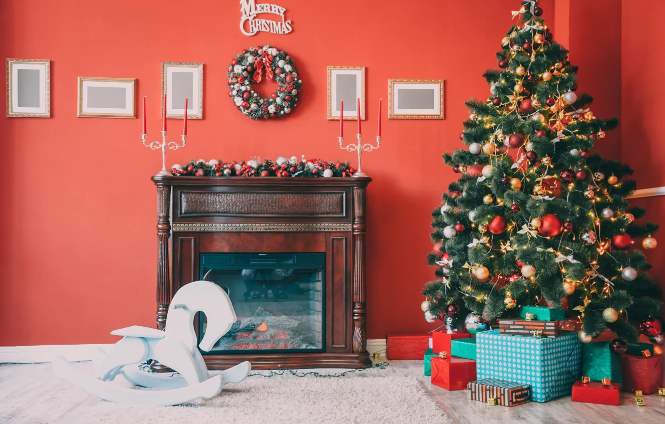 Фото обои украшения, игрушки, елка, Новый Год, Рождество, подарки, камин, Christmas