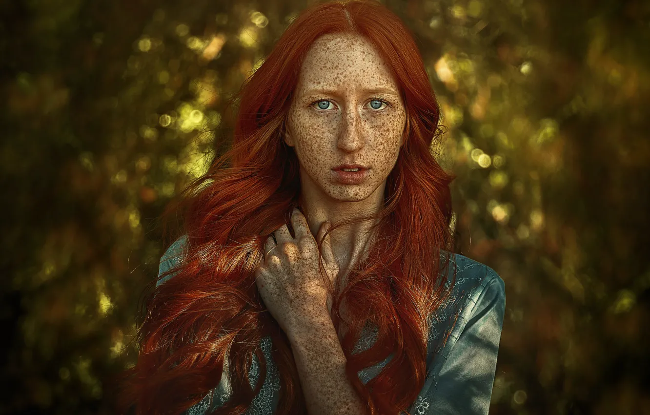 Фото обои портрет, веснушки, рыжеволосая, боке, TJ Drysdale