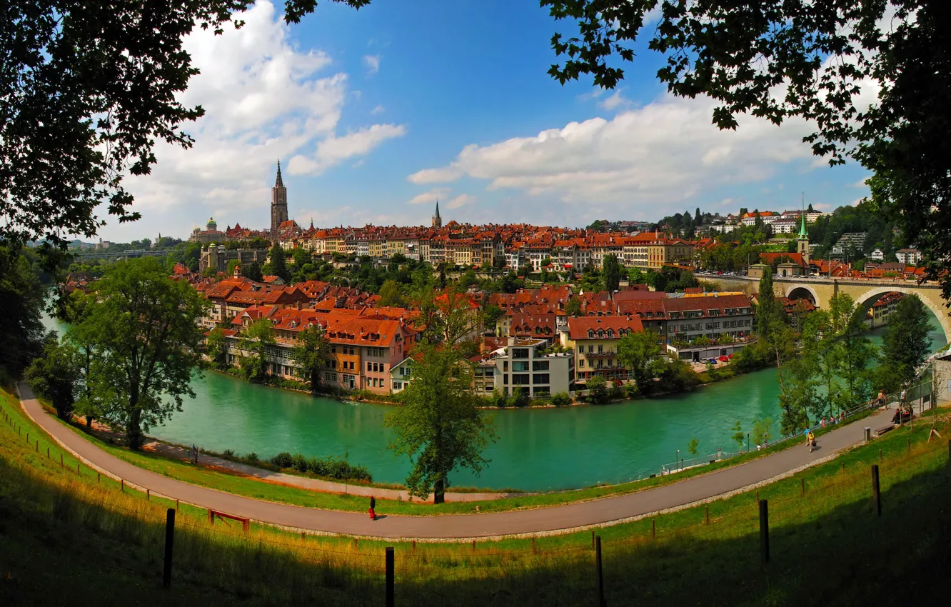 Фото обои ветки, мост, город, река, дома, Швейцария, набережная, Switzerland