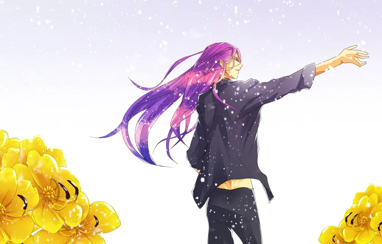 Фото обои снег, цветы, желтые, vocaloid, жест, длинные волосы, kamui gakupo