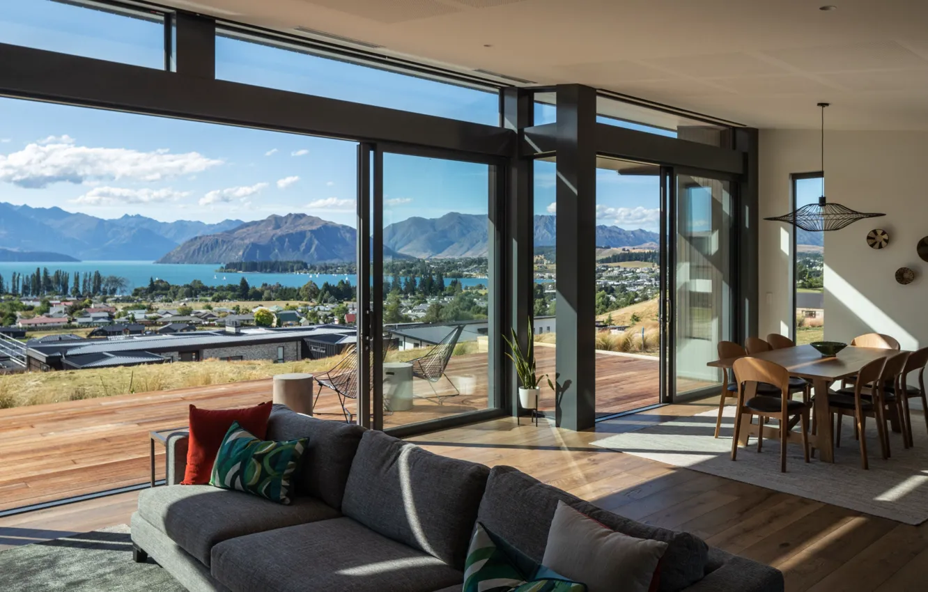 Фото обои интерьер, Новая Зеландия, терраса, гостиная, столовая, Wanaka, Ванака, вид на озеро