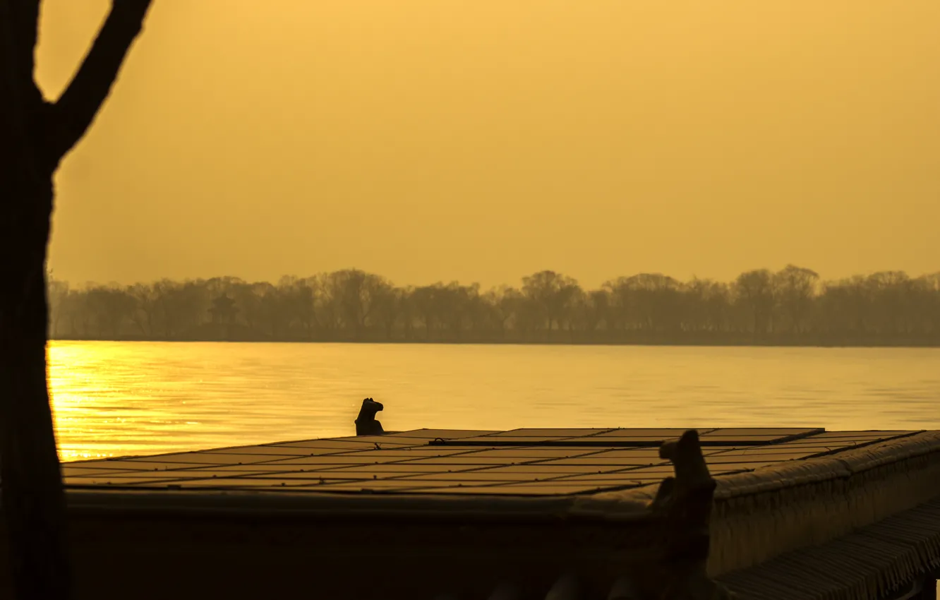 Фото обои солнце, закат, желтый, Китай, дворец, император