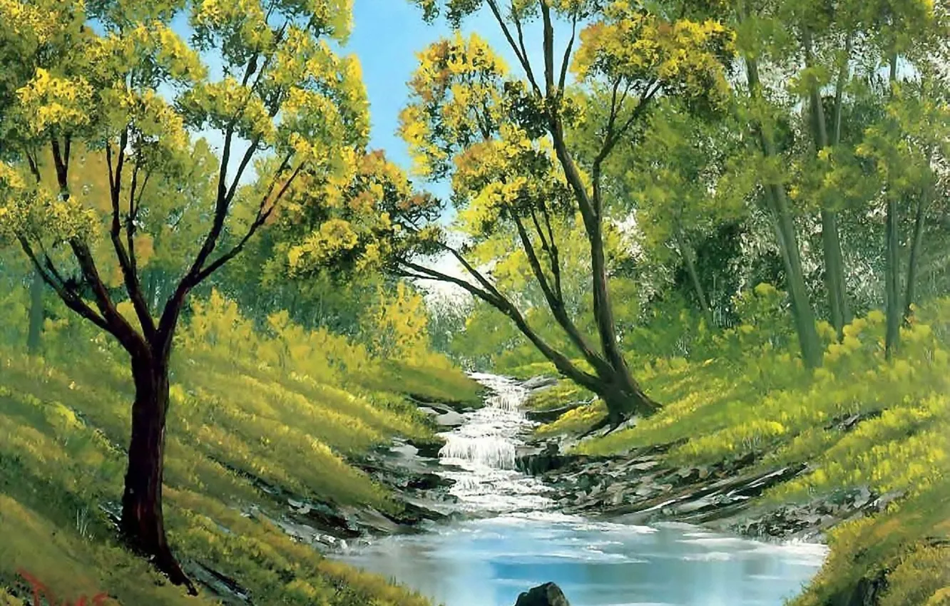 Фото обои лес, небо, трава, вода, деревья, пейзаж, природа, ручей