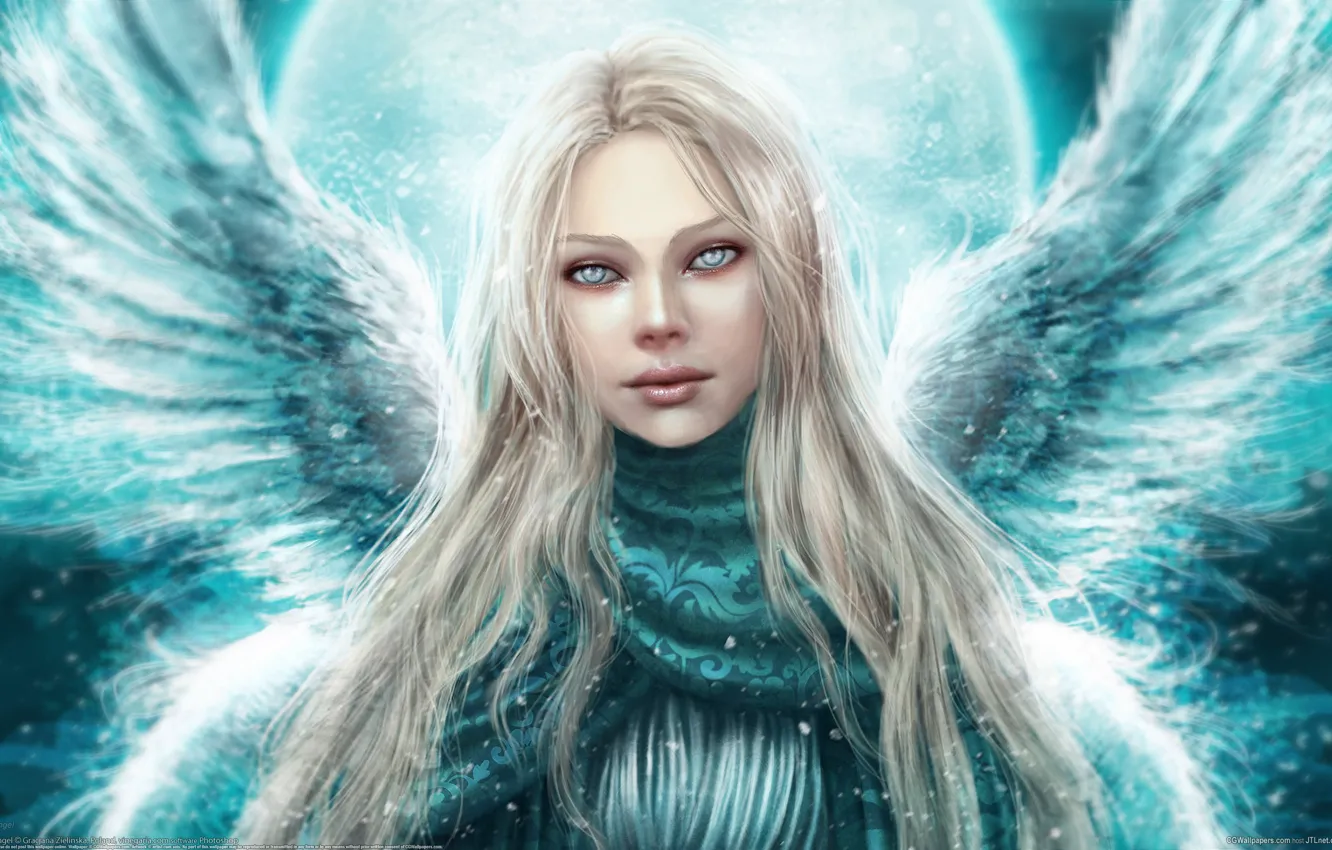 Фото обои зима, взгляд, девушка, крылья, ангел