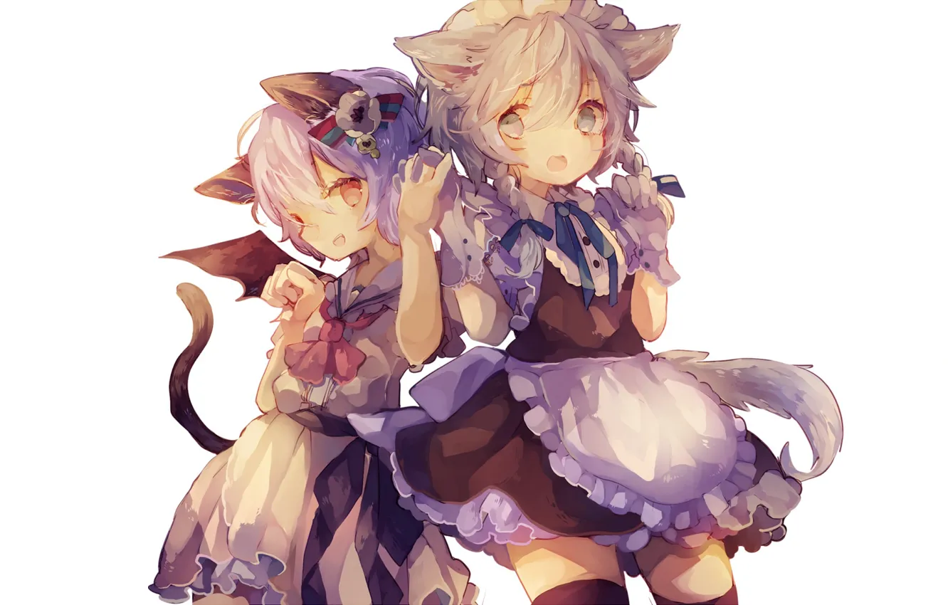 Фото обои крылья, хвост, белый фон, ушки, touhou, униформа, art, Izayoi Sakuya