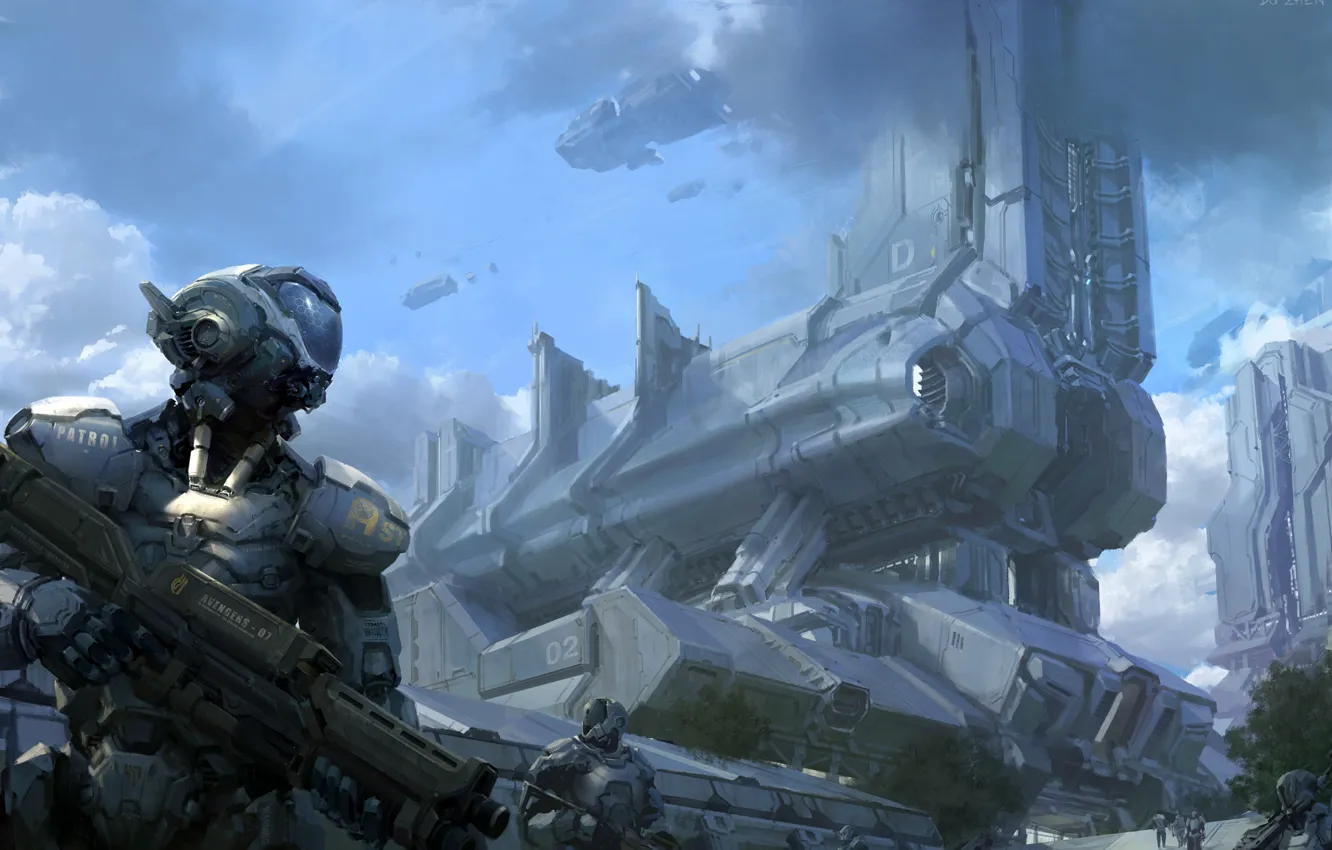 Фото обои облака, металл, оружие, корабли, роботы, арт, патруль