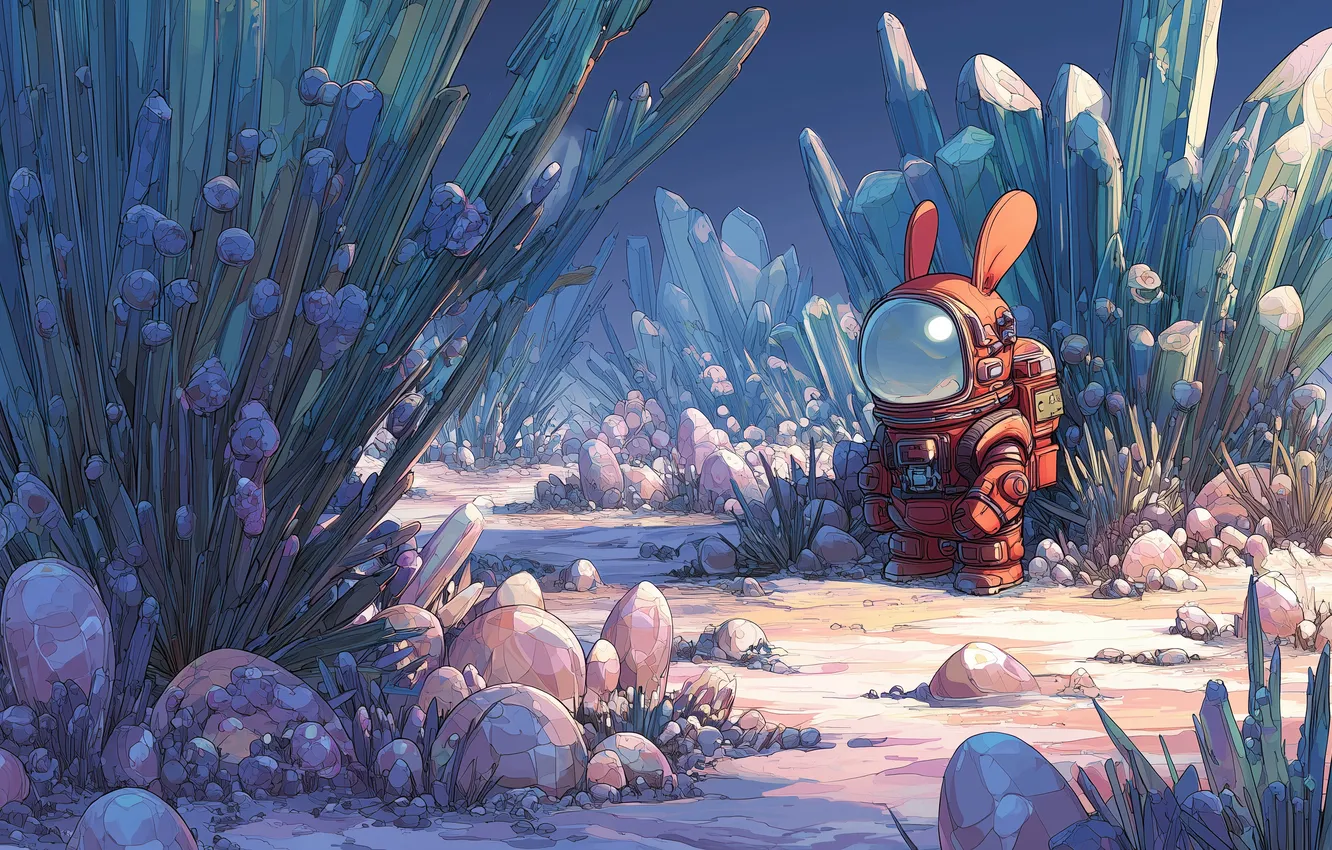 Фото обои spacesuit, science fiction, astronaut, crystal, AI art, rabbits, concept art, illustration