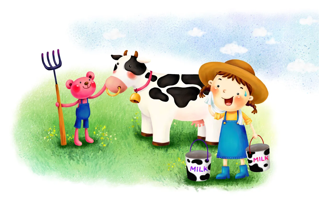 Фото обои цветы, поляна, рисунок, корова, шляпа, девочка, зверёк, вилы