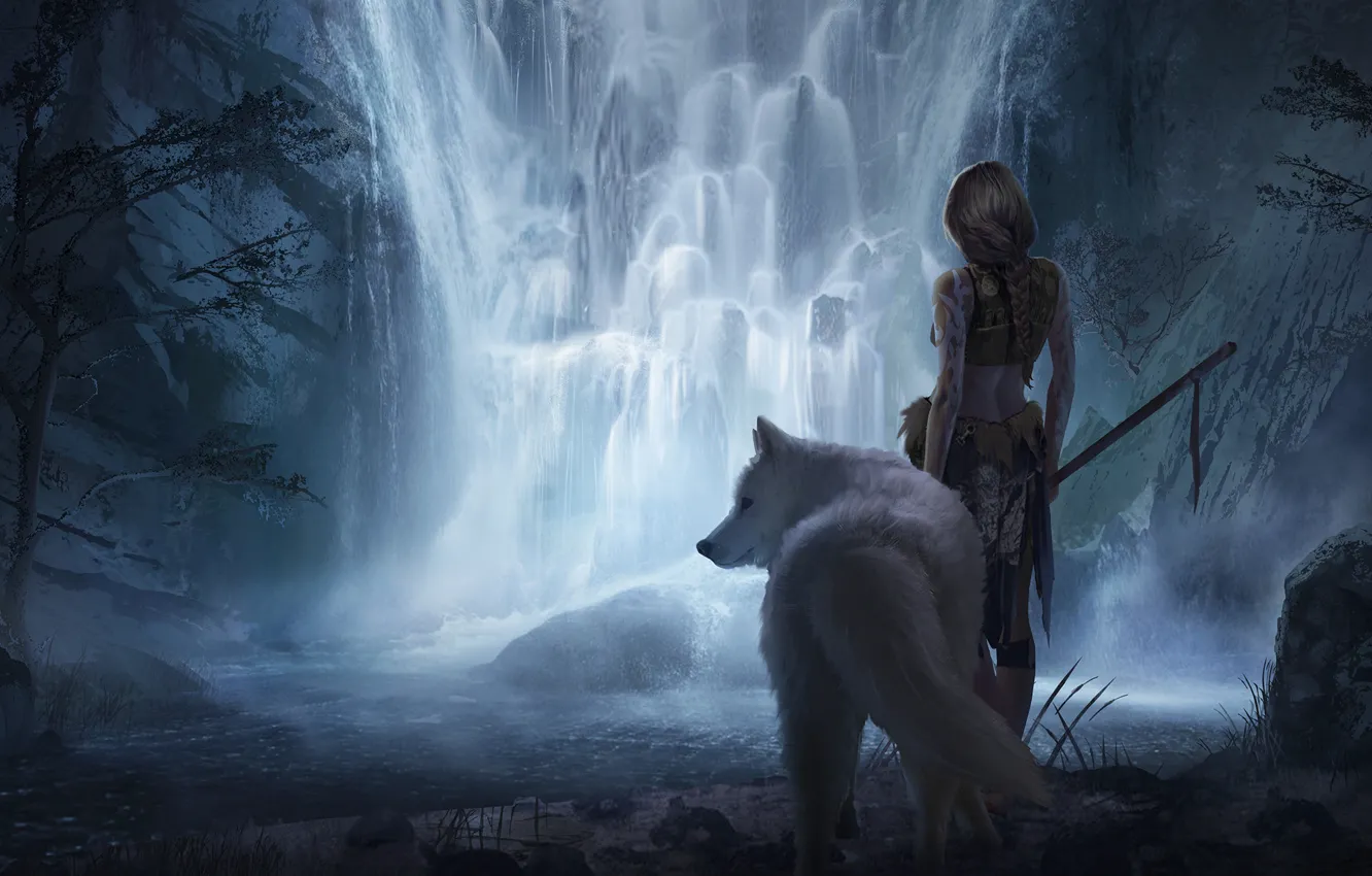 Фото обои девушка, фантастика, животное, водопад, арт, белый волк
