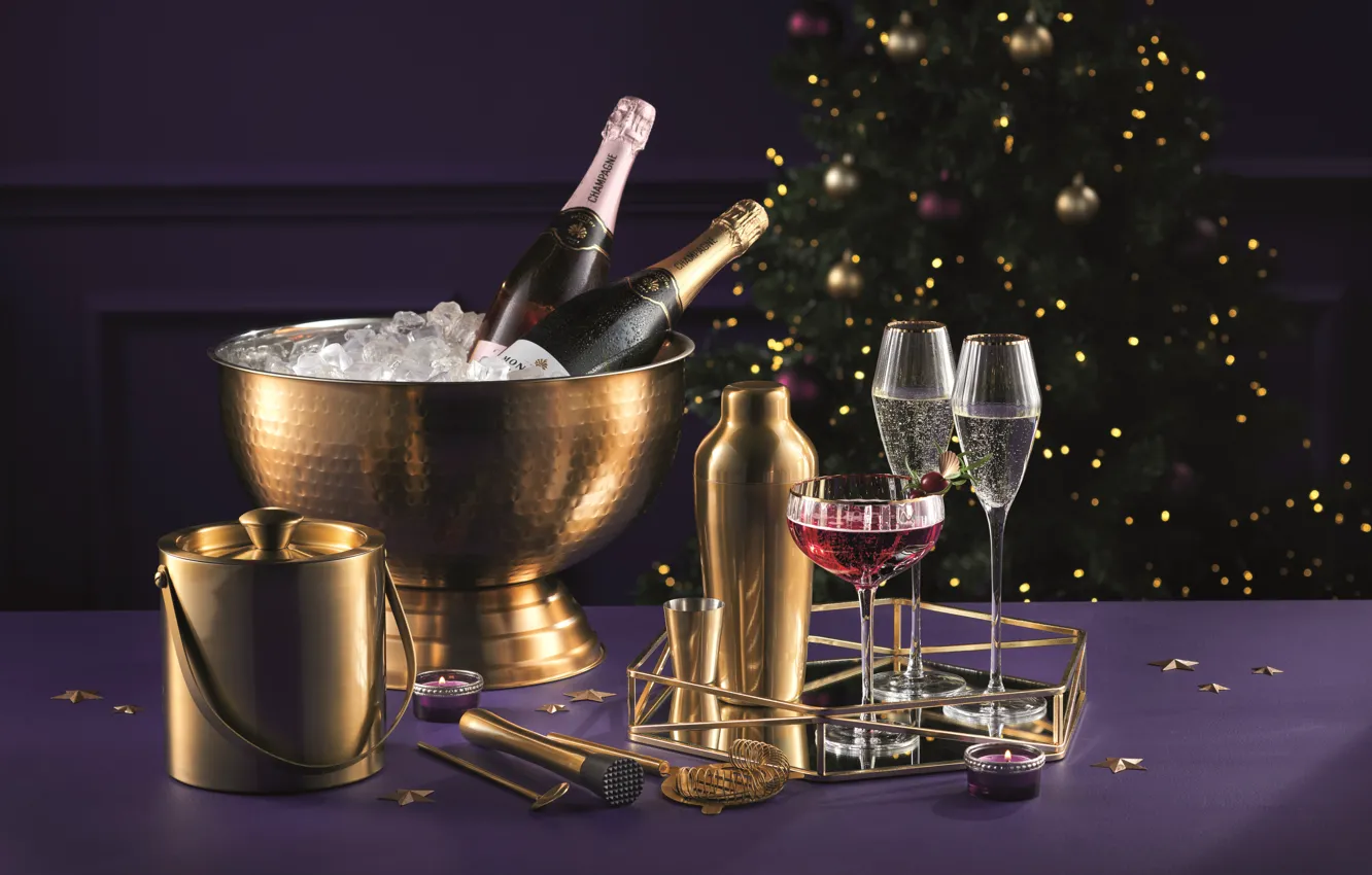 Фото обои Бокалы, Шампанское, Glasses, Champagne Brut, Шампанское Брют, Cocktail evening, Вечерний коктейль, Festive Home