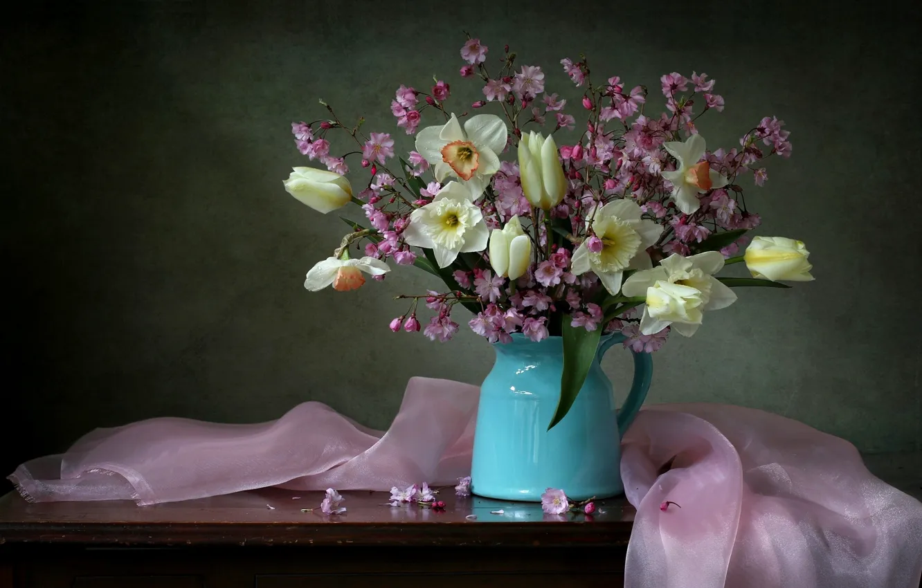 Фото обои стиль, сакура, тюльпаны, натюрморт, нарциссы, весенний букет, ветки вишни