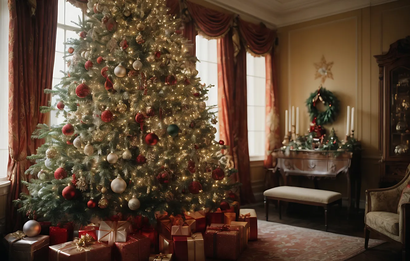 Фото обои украшения, комната, елка, интерьер, Рождество, подарки, Новый год, Christmas