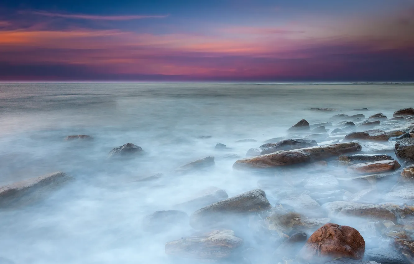 Фото обои море, вода, закат, камни, выдержка