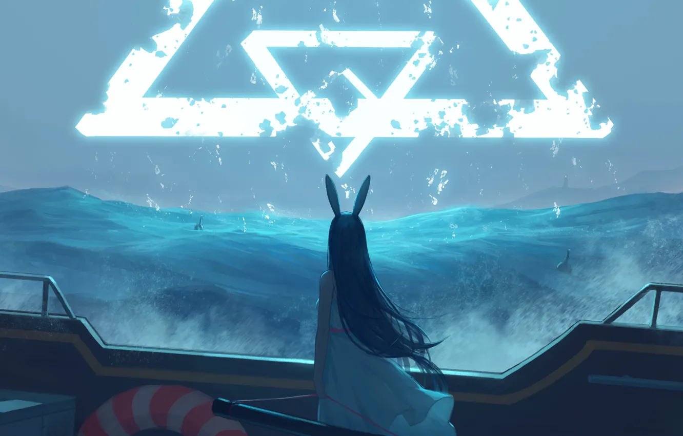 Фото обои море, девушка, шторм, корабль, знаки, бутылки, ушки
