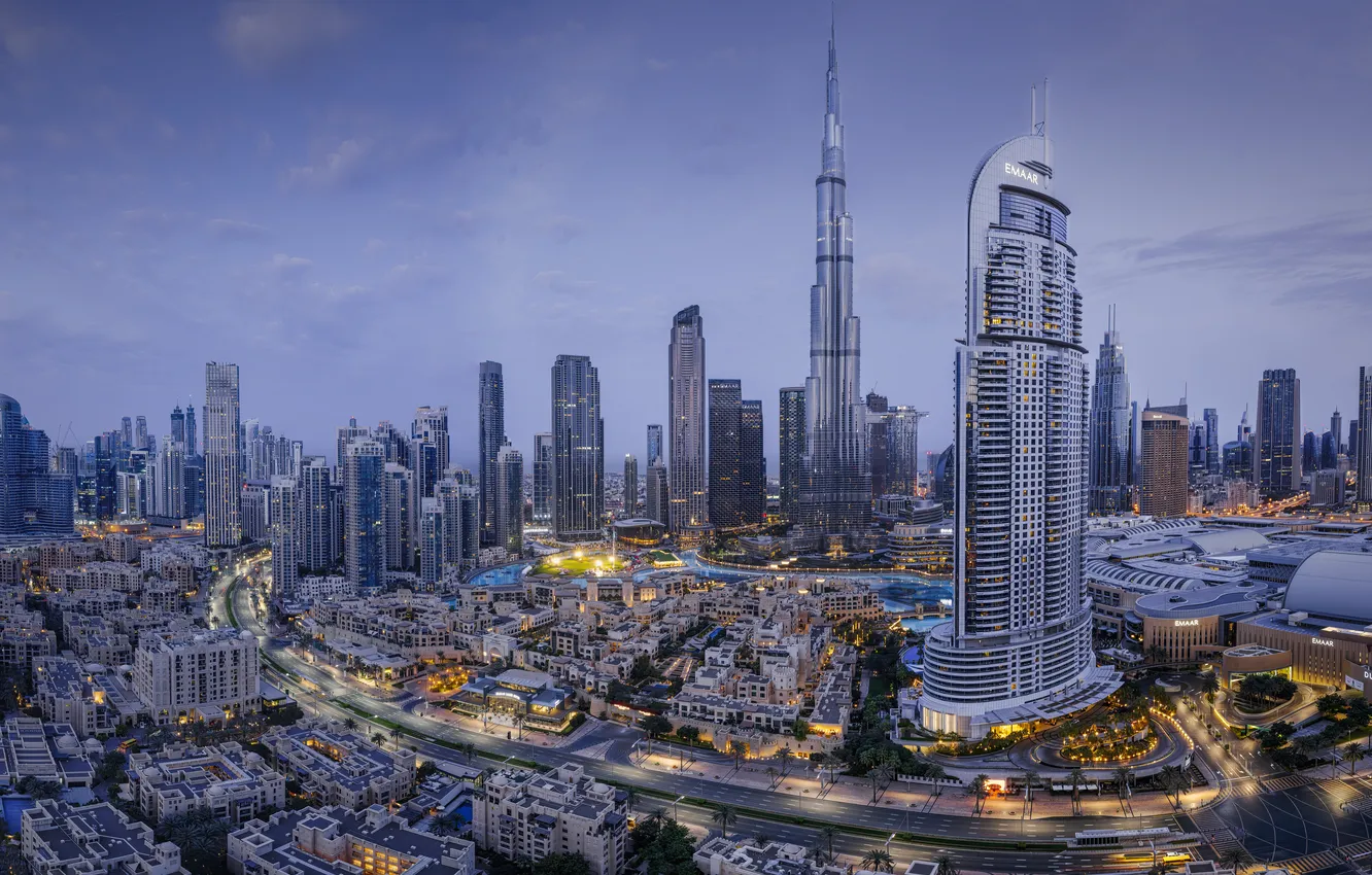 Фото обои дорога, здания, башня, дома, панорама, Дубай, Dubai, небоскрёбы