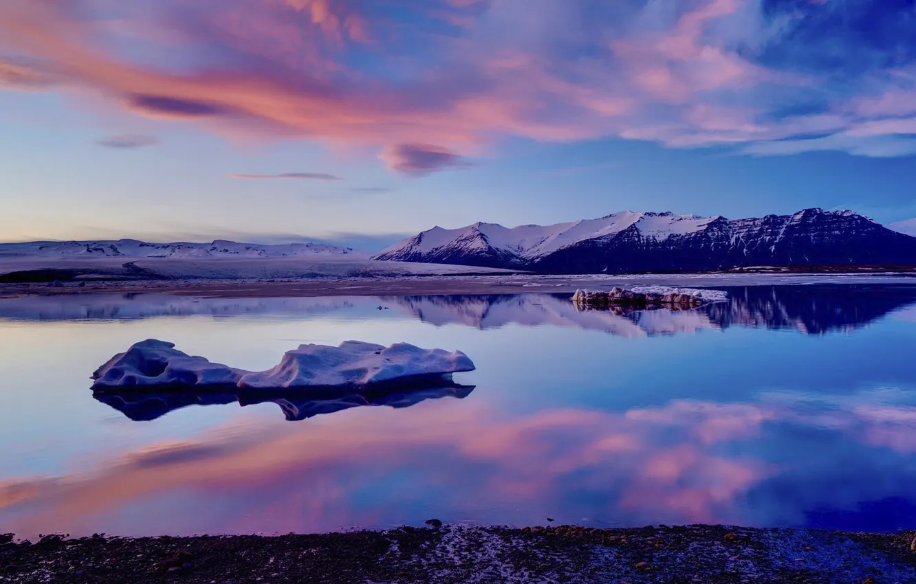 Фото обои Pink, Clouds, Purple, Fire, Landscape, Ice, Lake