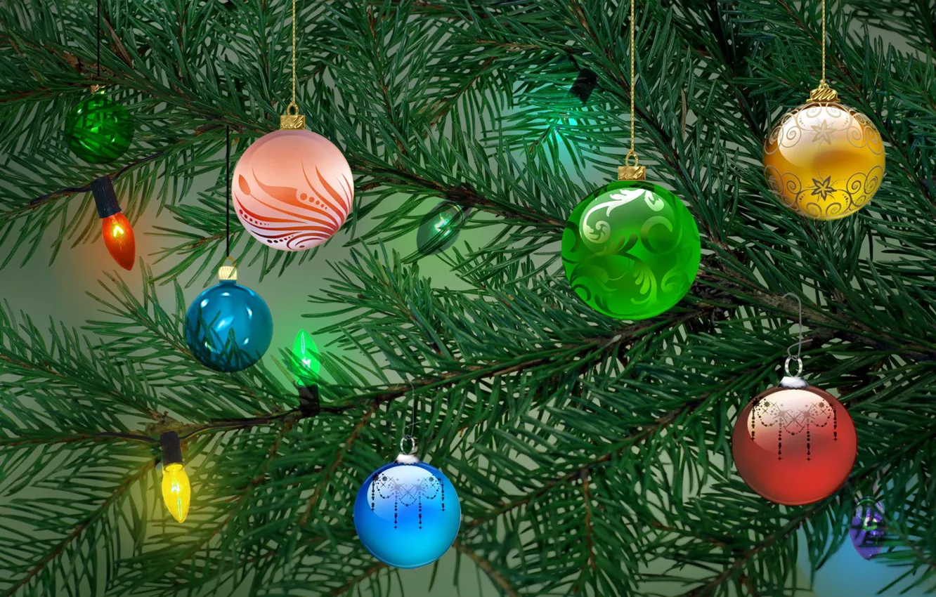 Фото обои шары, елка, новый год, гирлянда, merry christmas
