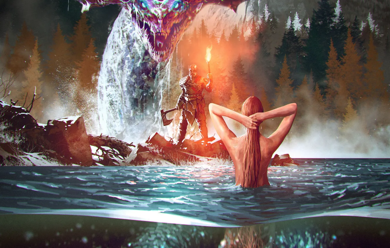 Фото обои фантастика, рисунок, русалка, змея, монстр, воин, арт, fantasy