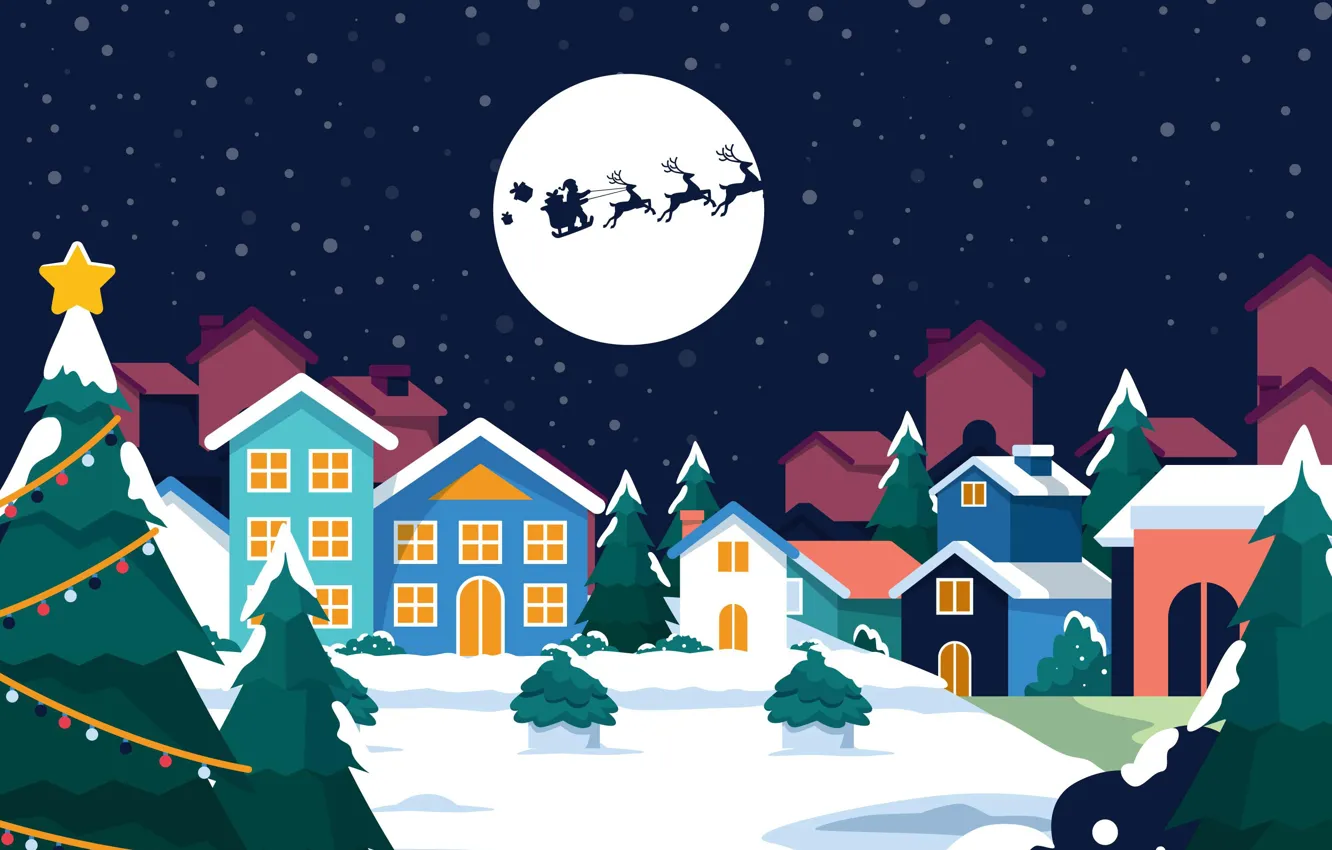Фото обои Дома, Луна, Рождество, Новый год, Санта Клаус, Олени, Ёлки, Сани